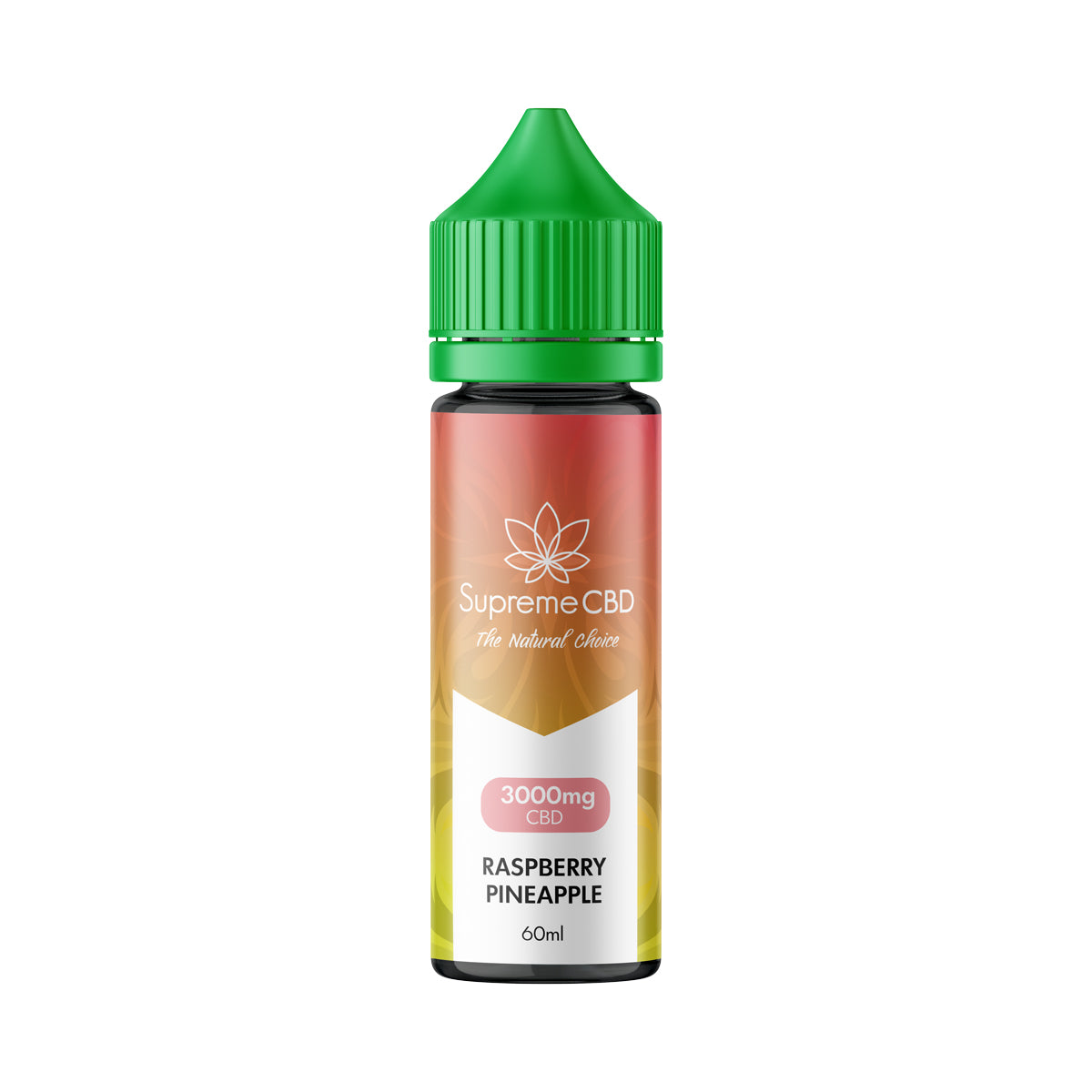 Supreme CBD Raspberry Pineapple vape juice bottle on a white background