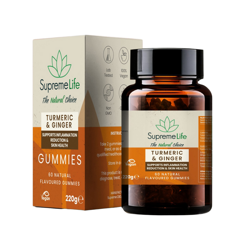 Supreme Life Turmeric & Ginger Gummies packaging on a white background