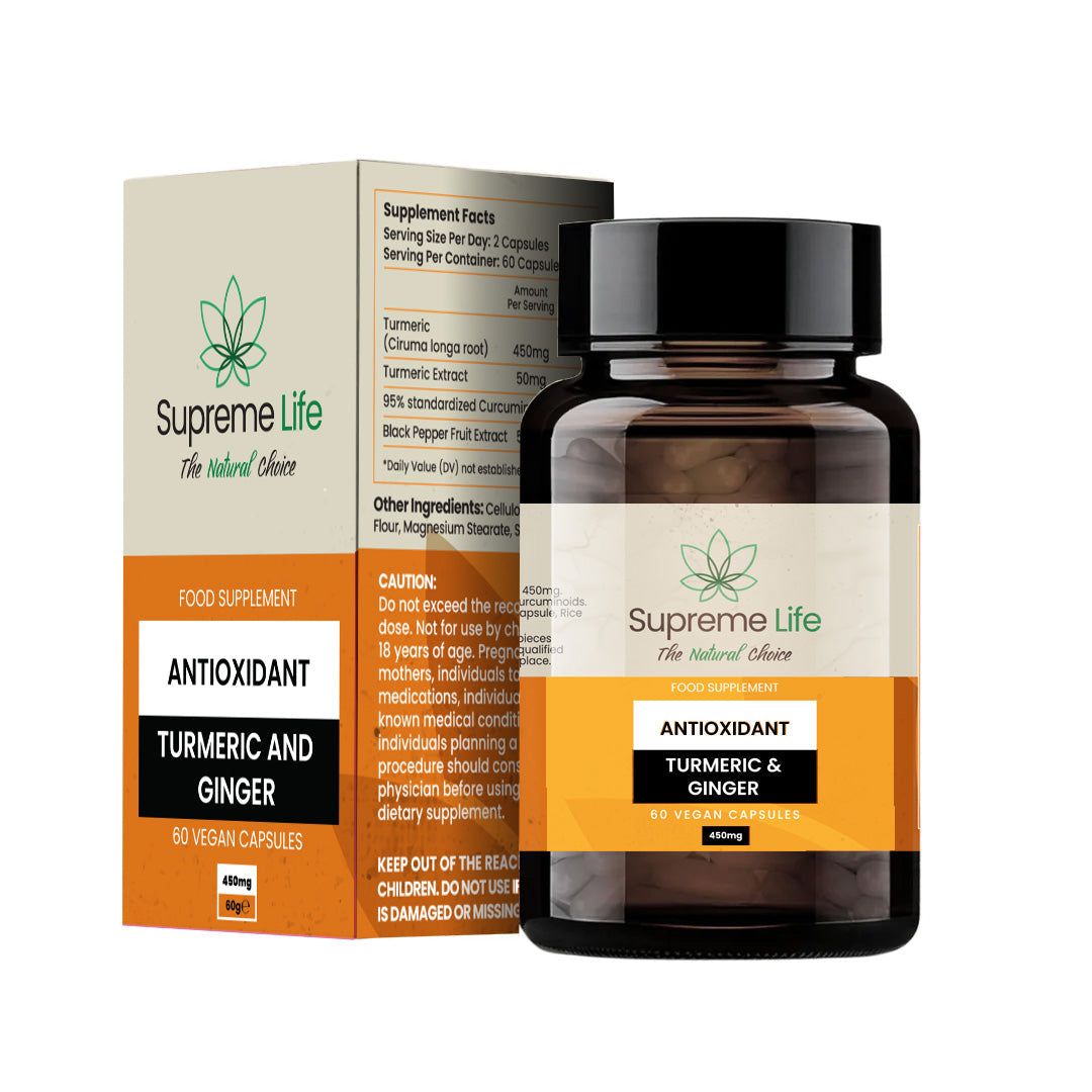 Supreme Life Antioxidant Turmeric & Ginger supplement bottle and packaging on a white background