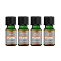 Four green bottles labeled 'PURE' with black caps on a white background