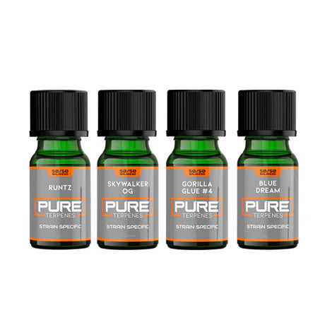 Four green bottles labeled 'PURE' with black caps on a white background
