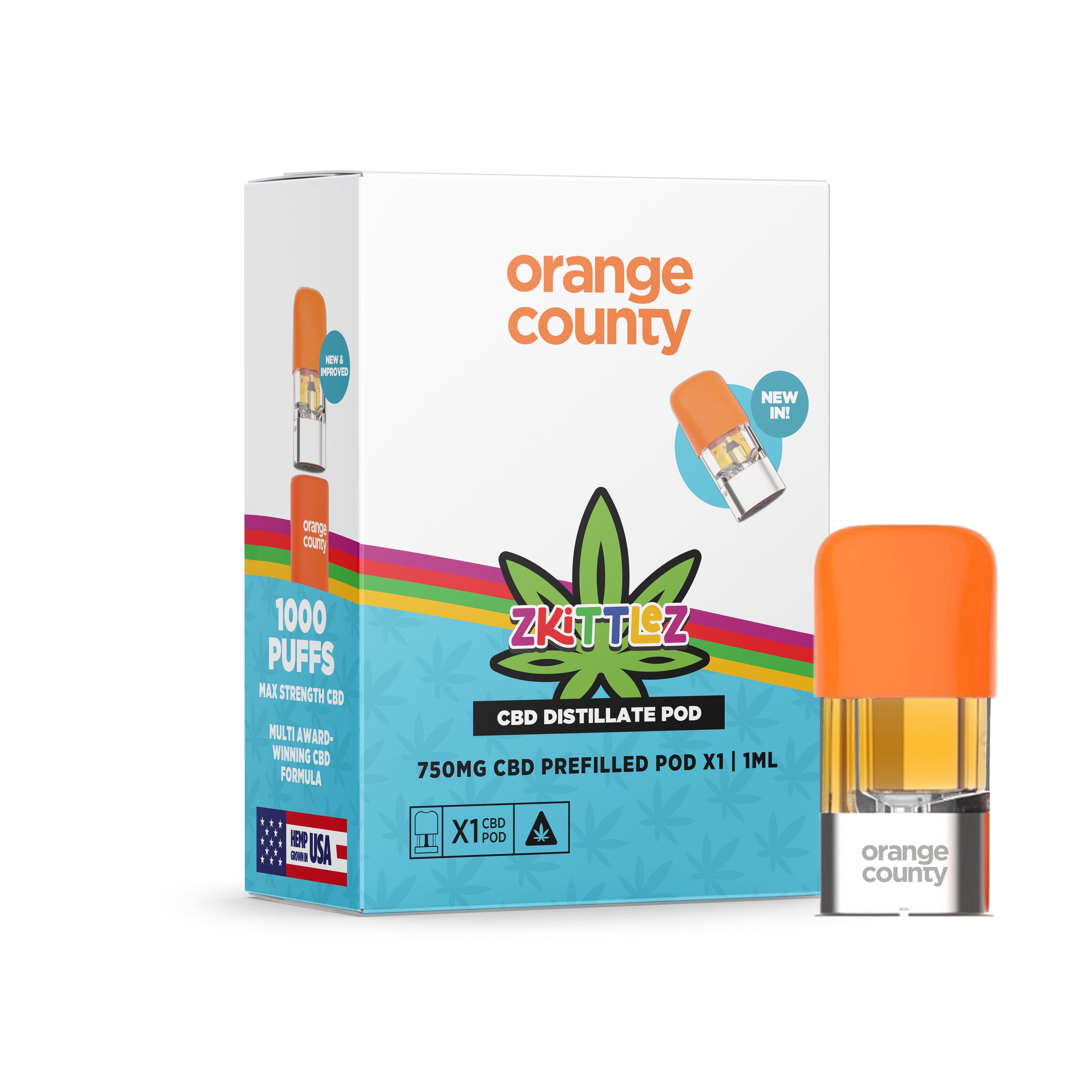 Orange County CBD distillate pod with packaging on a white background