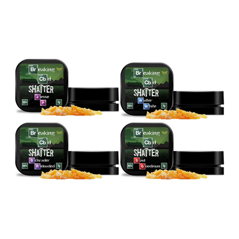 Five containers of 'Shatter' with visible branding on a white background