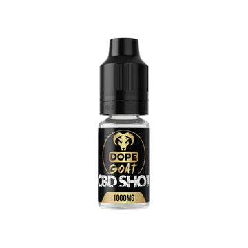 CBD shot bottle labeled 'Dope Goat' on a white background