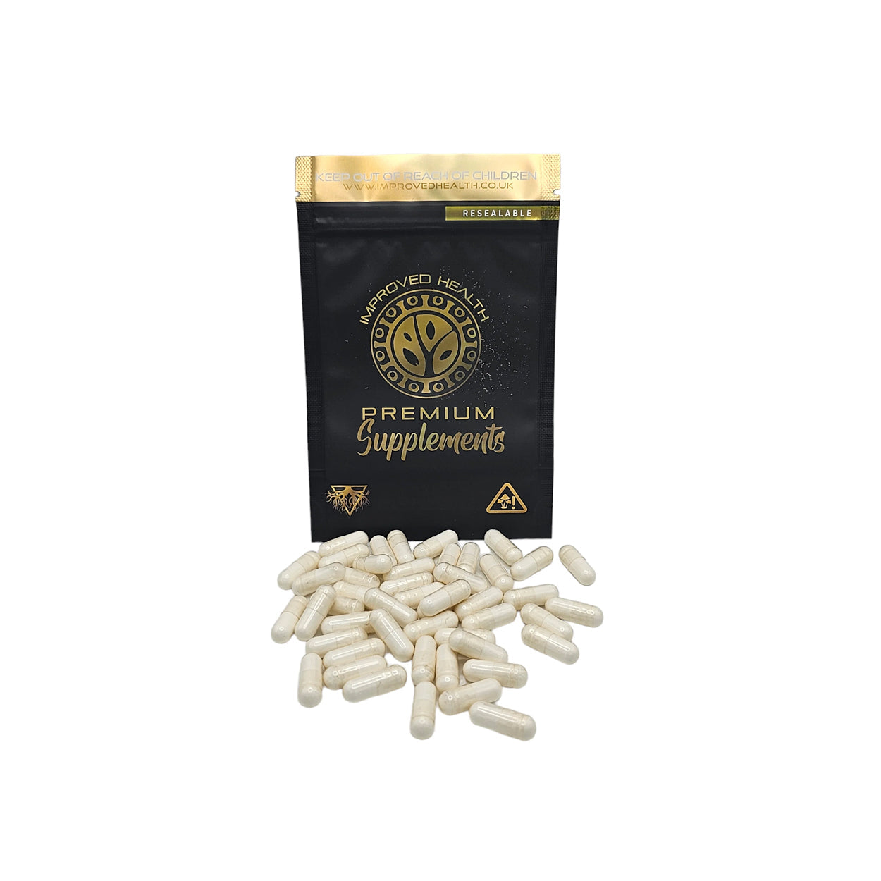 Black supplement bag with gold text and white capsules on a white background