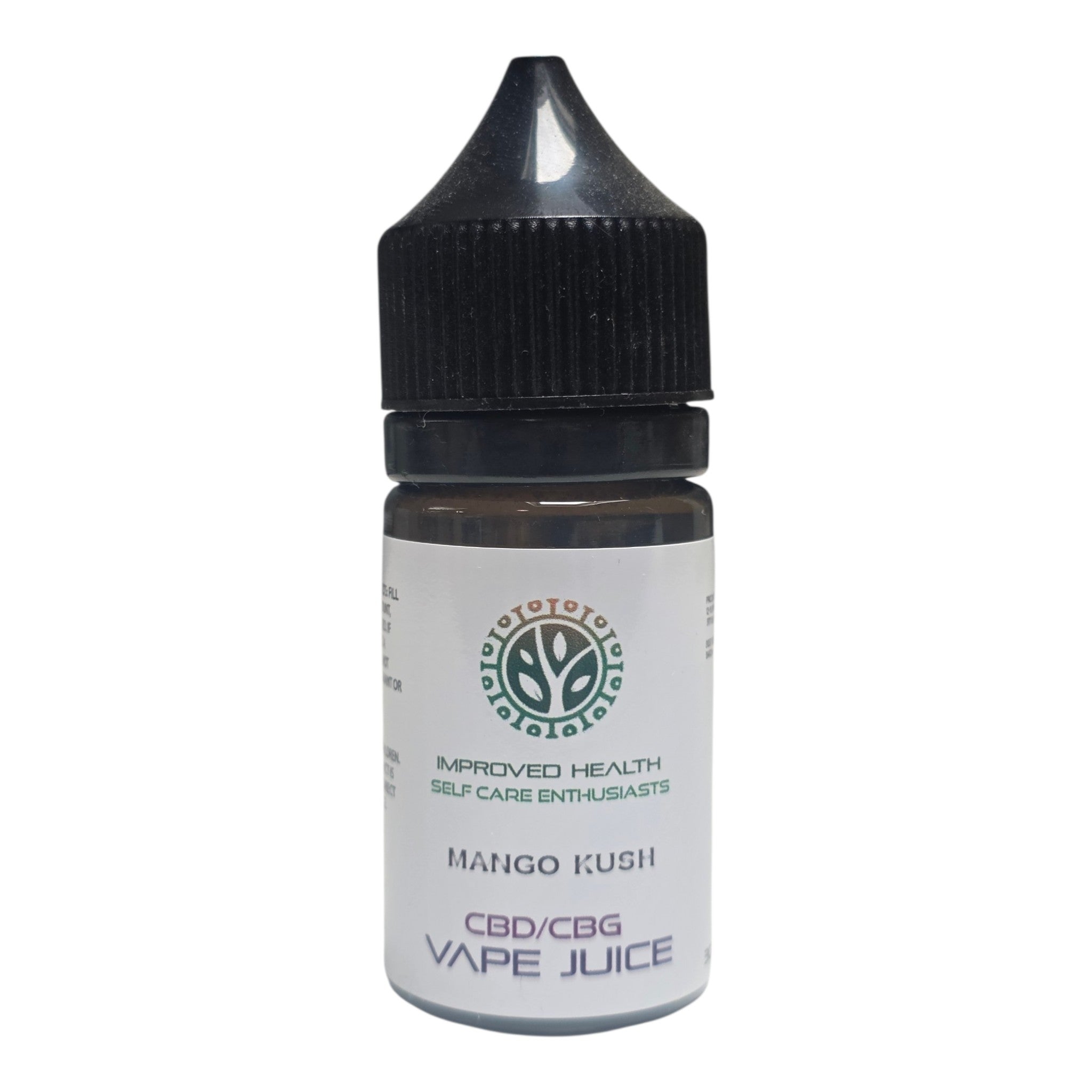 CBD/CBG vape juice bottle with a white label on a white background