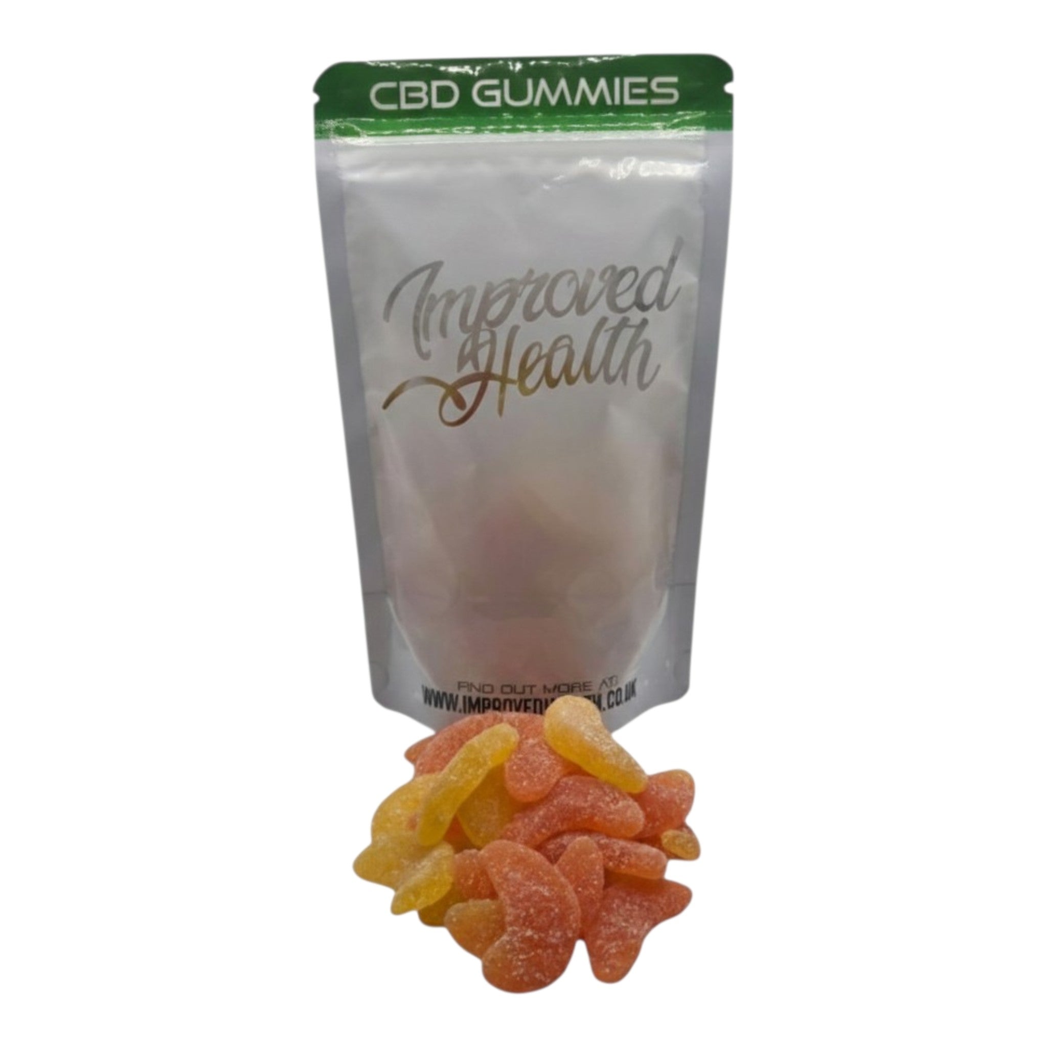 CBD gummies with a packaging bag labeled 'Improved Health' on a white background