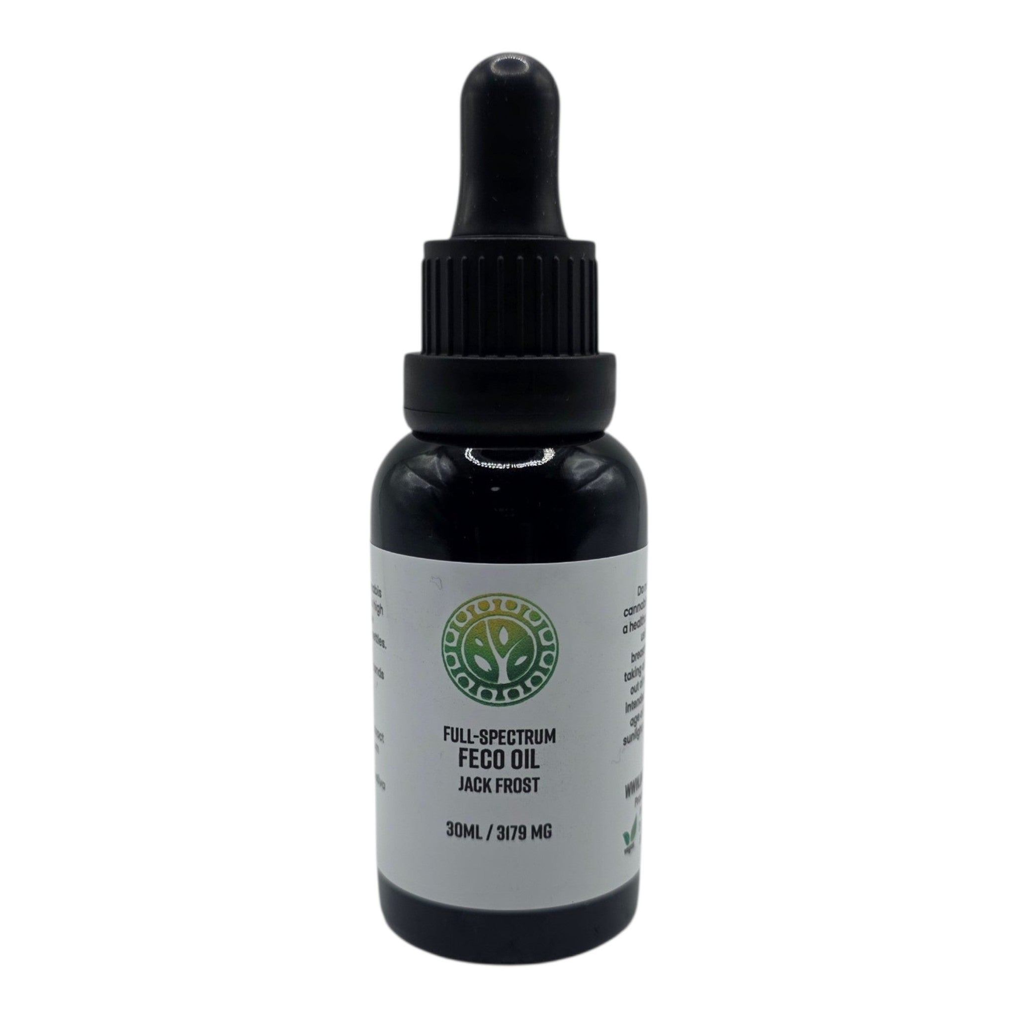 Bottle of full-spectrum FECO oil with a dropper on a white background
