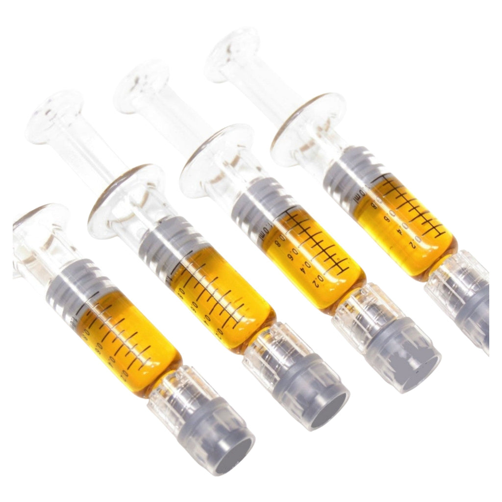 Four medical syringes with yellow liquid and measurement markings on a white background