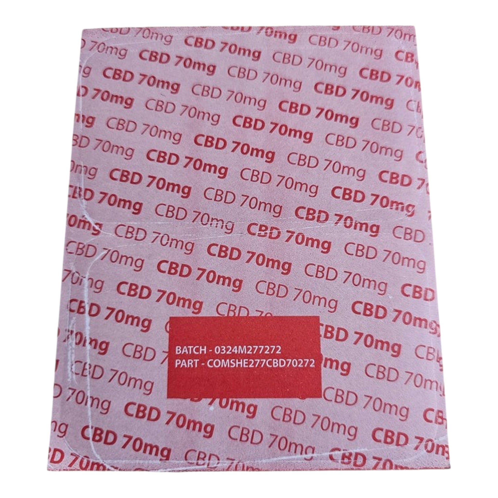 Red and white packaging with 'CBD 70mg' text on a white background