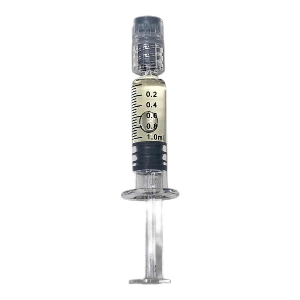 A 1ml plastic syringe with clear plastic body, black plunger, and printed measurement markings in milliliters on a white background.