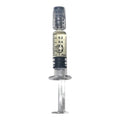 A 1ml plastic syringe with clear plastic body, black plunger, and printed measurement markings in milliliters on a white background.