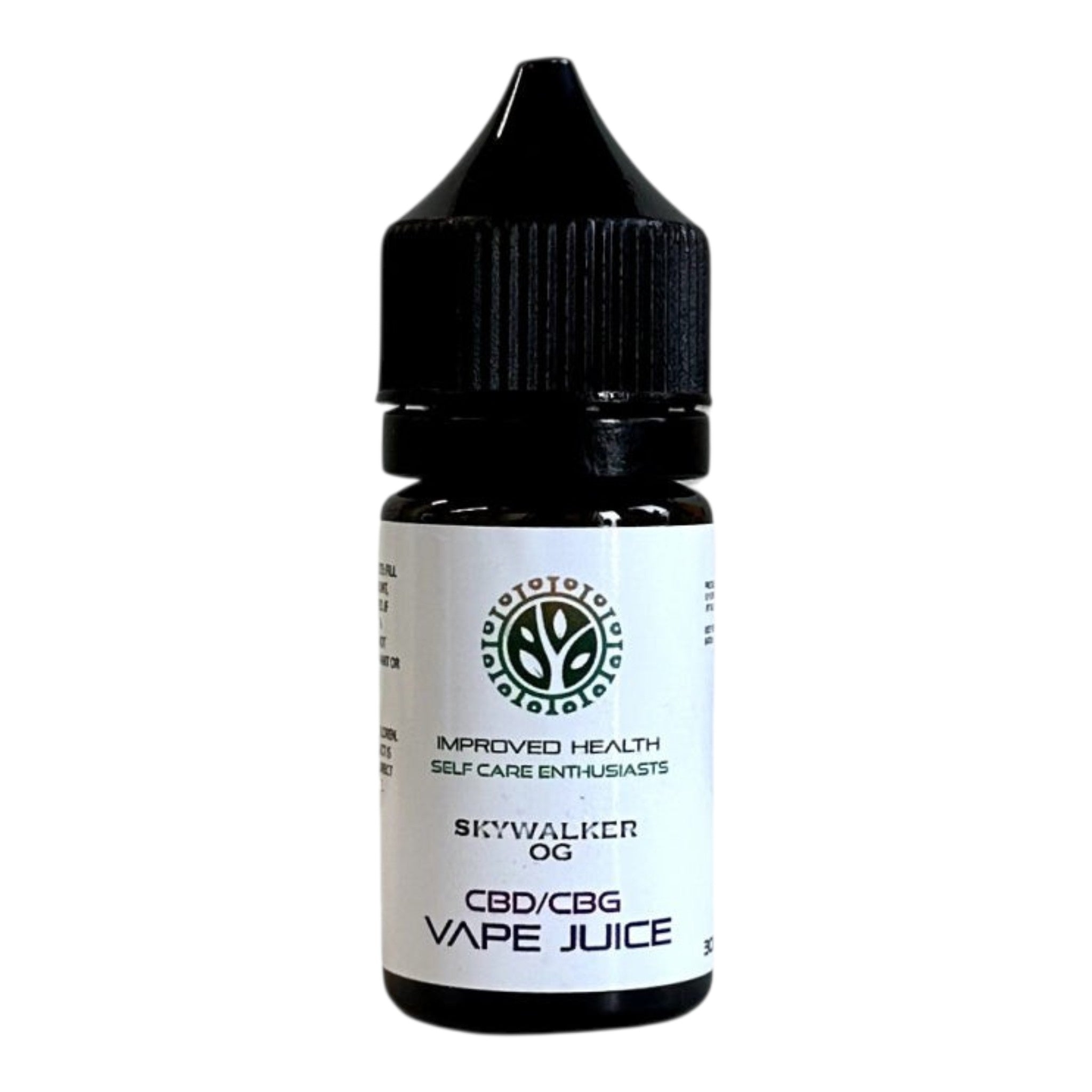 CBD/CBG vape juice bottle with a white label on a white background
