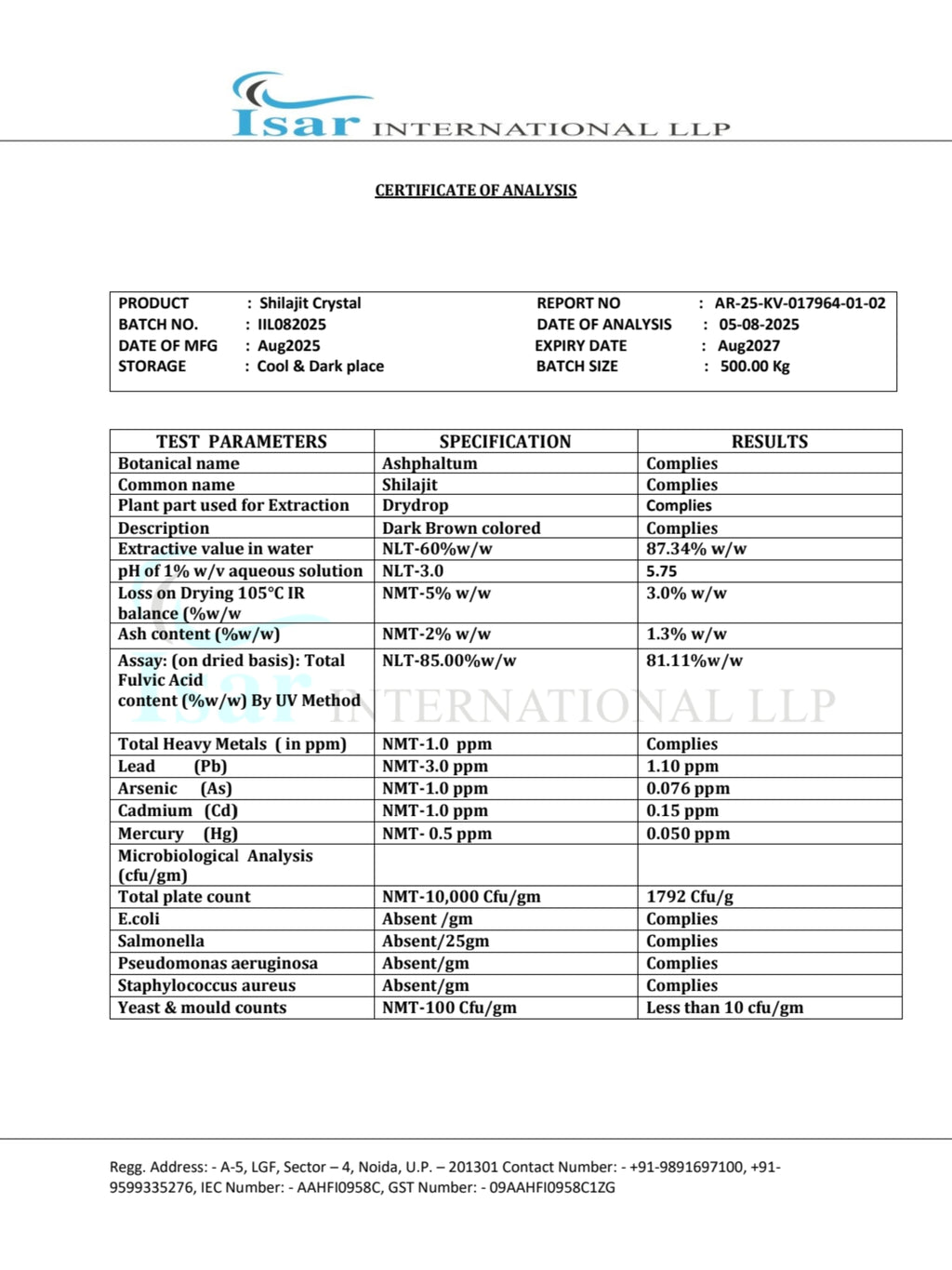 Certificate of Analysis from Isar International LLP with test parameters and results.