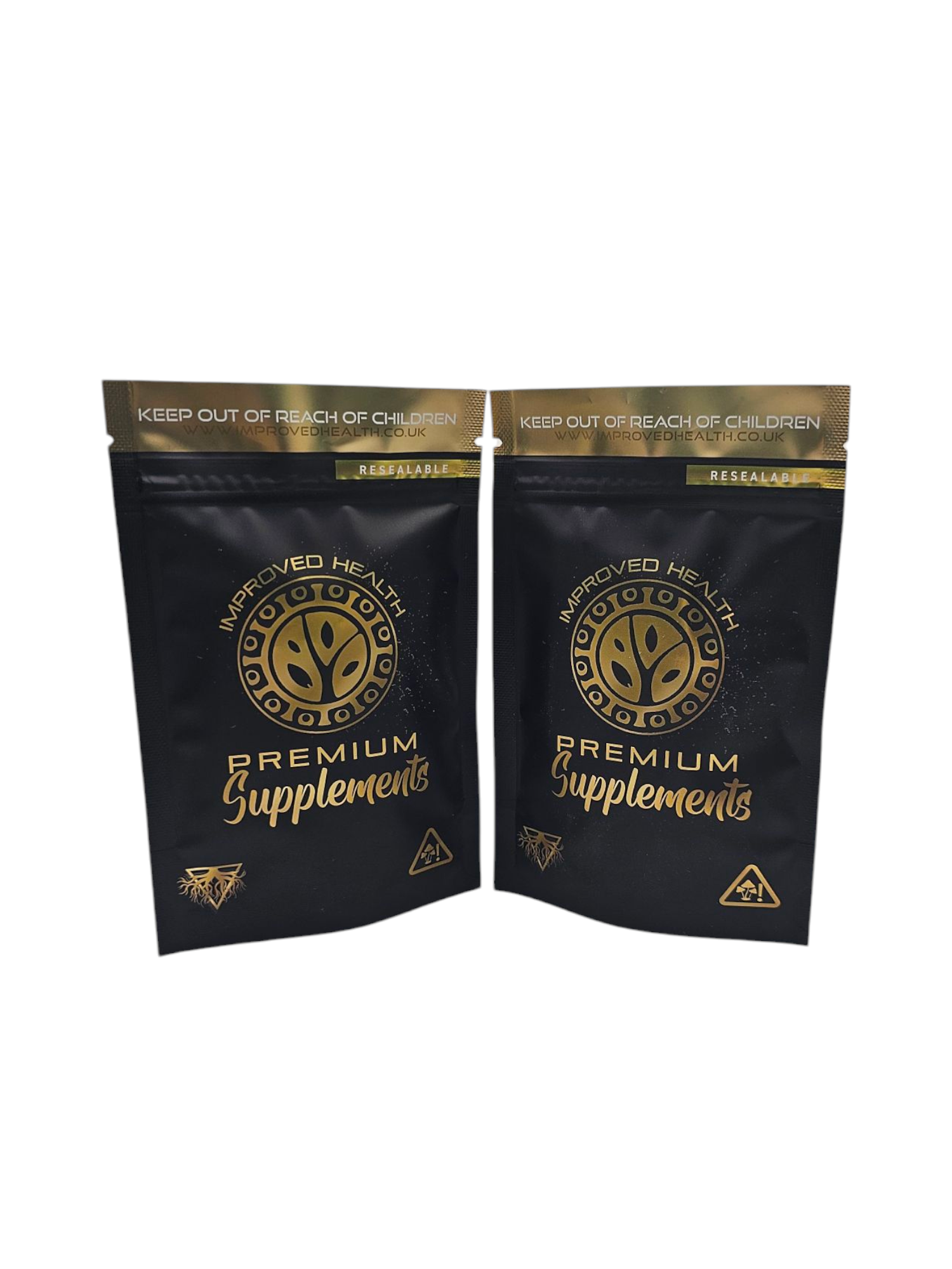 Two black supplement bags with gold text and branding on a white background