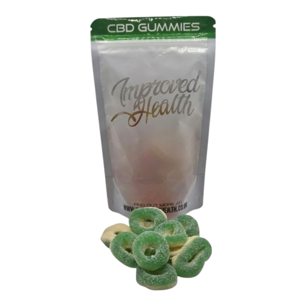 CBD gummies packaging with green and white design on a white background