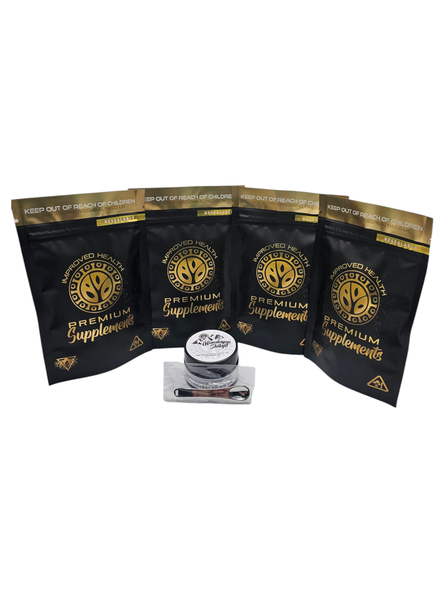 Black and gold supplement packages with a white container on a white background
