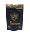 Black supplement pouch with gold text and branding on a white background
