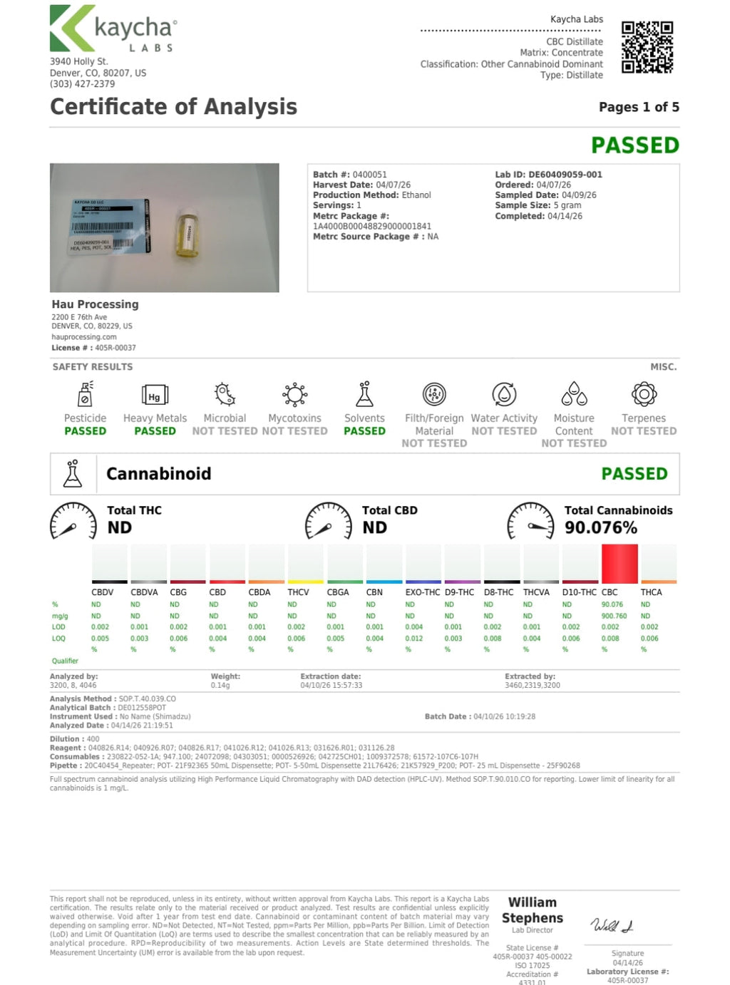Certificate of Analysis for cannabis products with test results displayed.