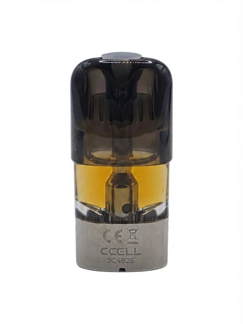 A CCELL disposable vape device with a translucent dark brown top section, amber-colored liquid inside, and a metallic silver base, shown on a plain white background.
