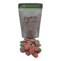 Strawberry-flavored gummies in front of a 'Improved Health' CBD gummies bag on a white background