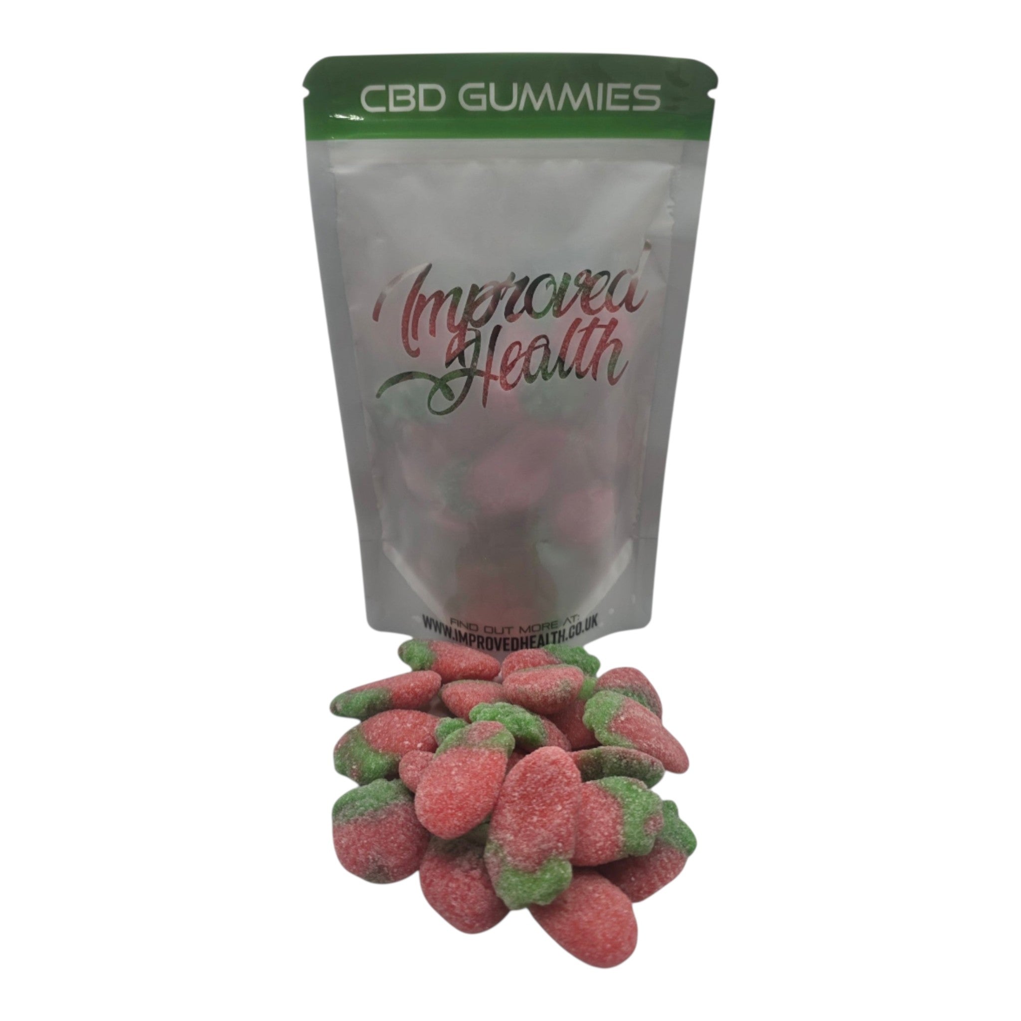 Strawberry-flavored gummies in front of a 'Improved Health' CBD gummies bag on a white background