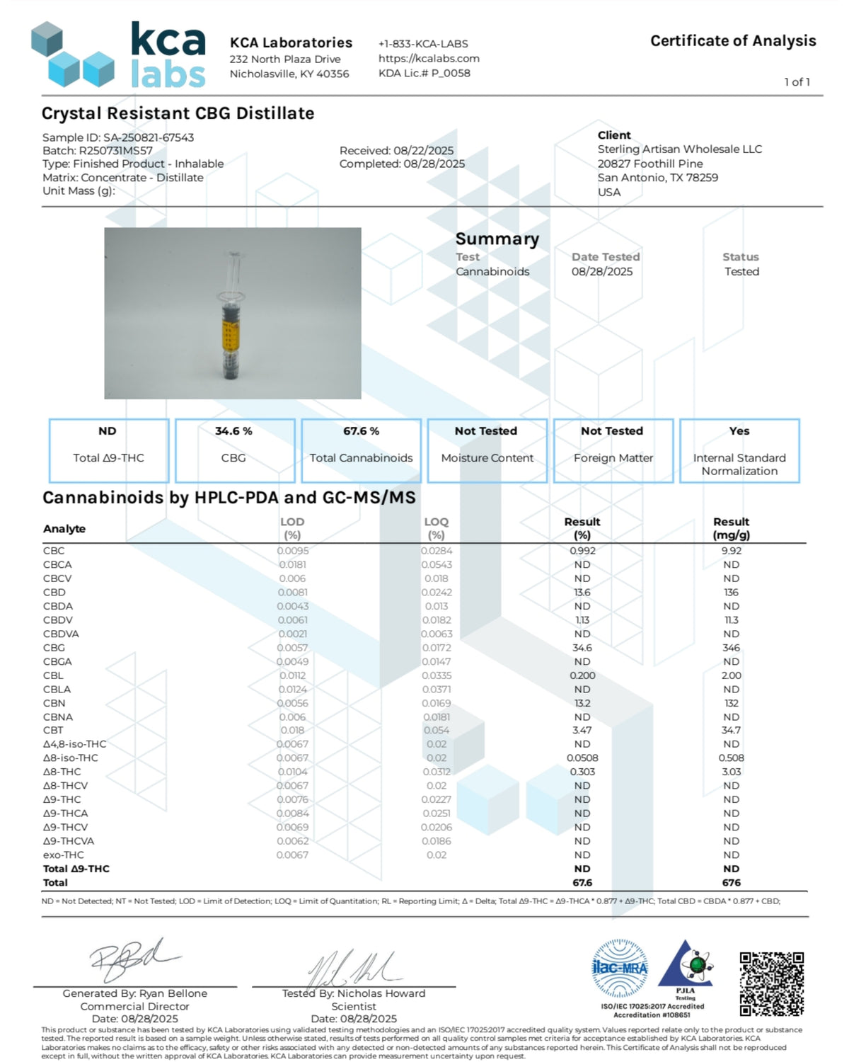 Certificate of Analysis for Crystal Resistant CBG Distillate from KCA Laboratories