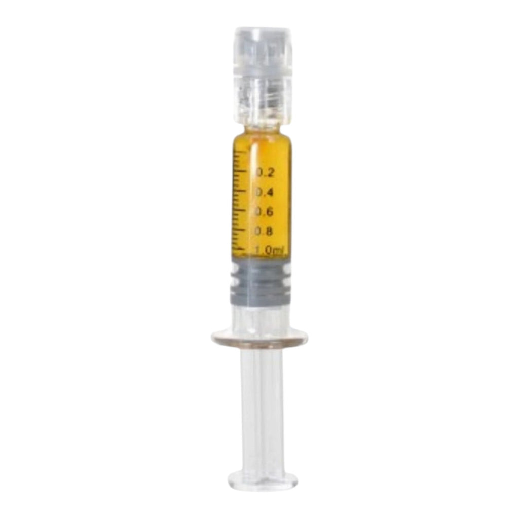 A small clear plastic syringe-style vial filled with amber-yellow liquid, with printed measurement markings and a transparent cap, shown on a plain white background.