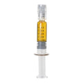 A small clear plastic syringe-style vial filled with amber-yellow liquid, with printed measurement markings and a transparent cap, shown on a plain white background.