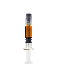 Small syringe with a clear barrel and black plunger on a white background