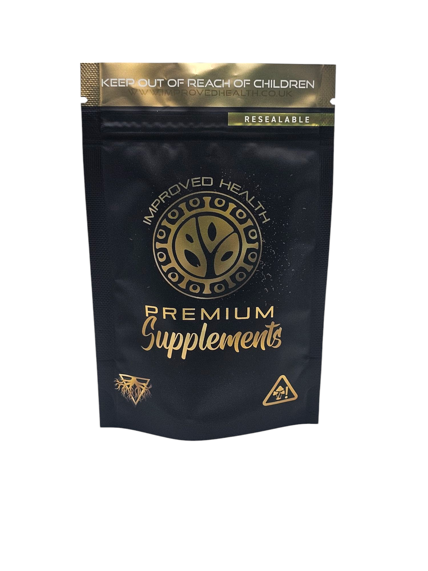 Black supplement pouch with gold text and branding on a white background