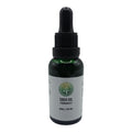 CBD oil dropper bottle with label on a white background