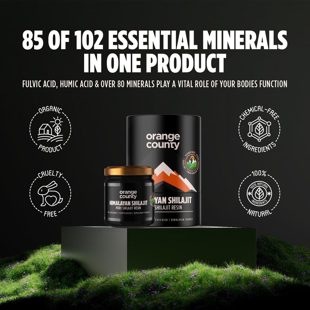Orange County Himalayan Shilajit product with promotional text on a black background