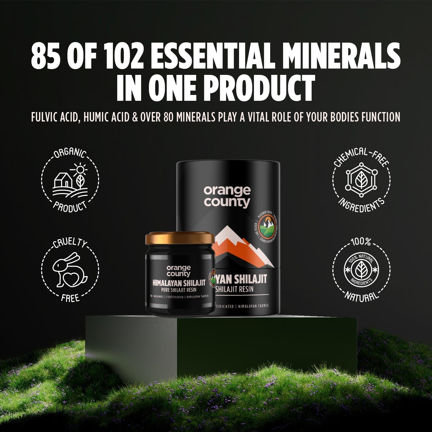 Orange County Himalayan Shilajit product with promotional text on a black background
