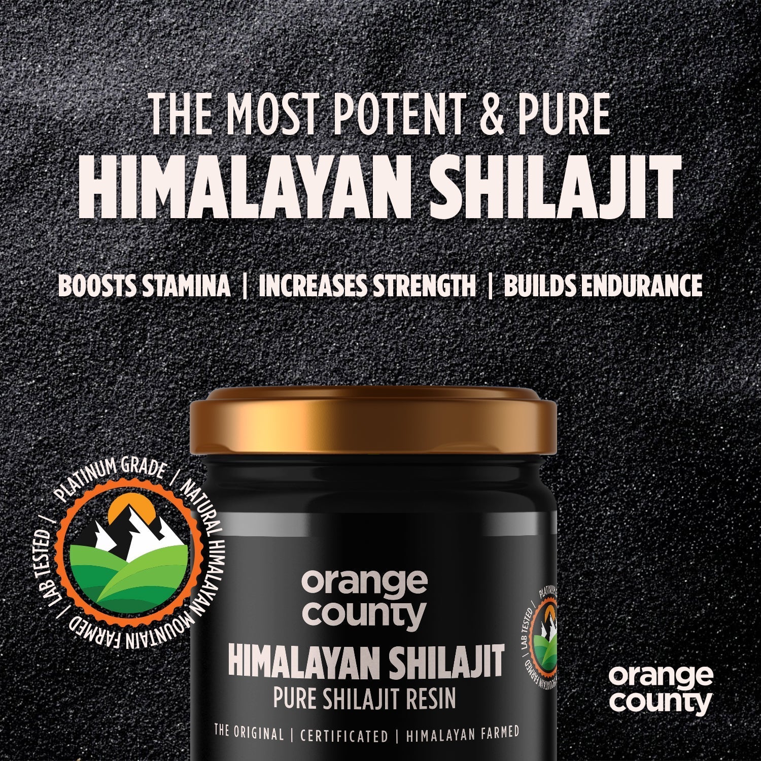 Orange County Himalayan Shilajit product with branding and promotional text on a black background