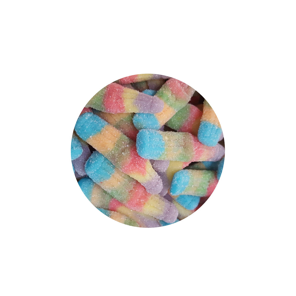 Multicolored gummy bears in a circular arrangement on a white background
