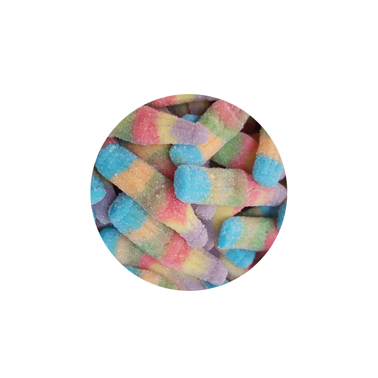 Multicolored gummy bears in a circular arrangement on a white background